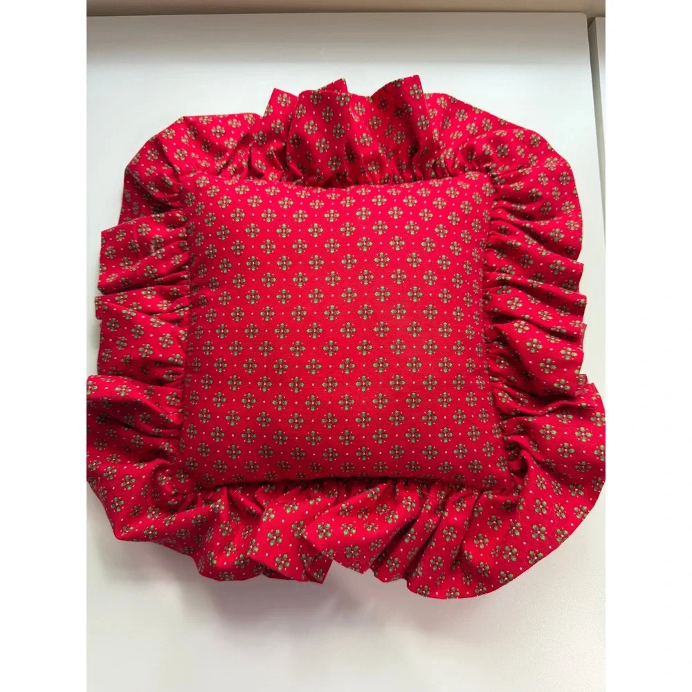 VTG Cross Stitch Christmas Goose Pillow Small Red Joy Lace‎ Ruffle Cottagecore
